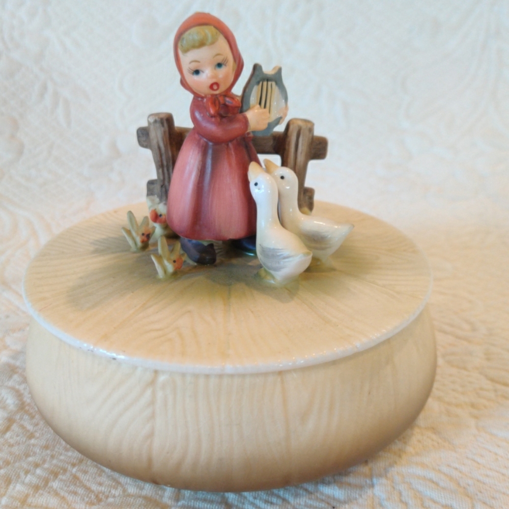 Vintage Erich Stauffer Girl And Geese Porcelain Figurine Trinket Box